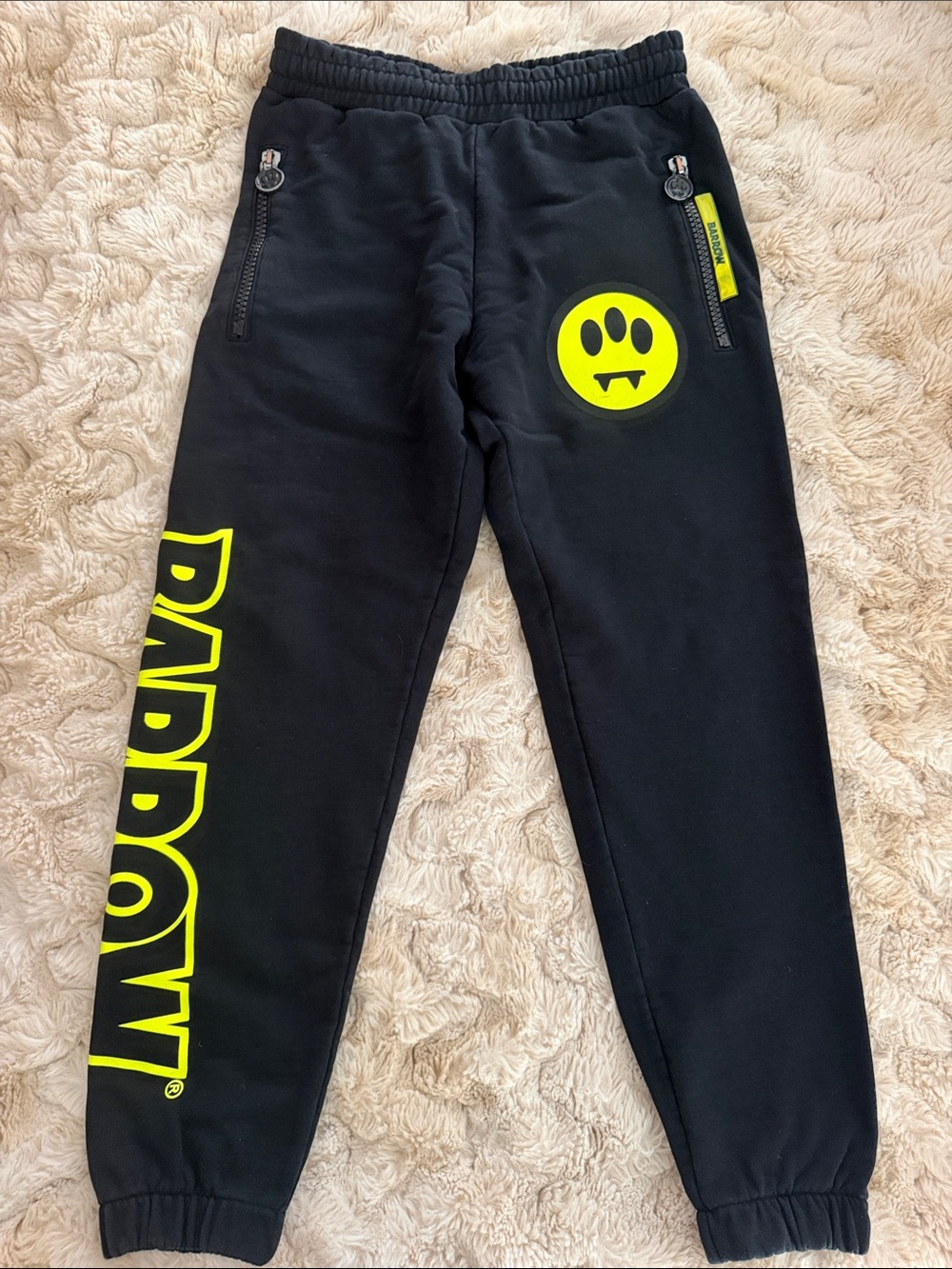 Women’s Black Neon Smiley Yellow Sweatpants Joggers, Barrow, Size small